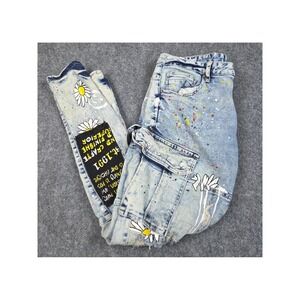 Smoke Rise Denim Co Mens Distressed Cargo Jeans Paint Splatter Daisy Print 36x32